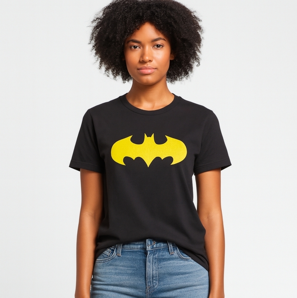 Batman Logo Graphic Tee Shirt Women's Size Med. Black Yellow Superhero DC Comic